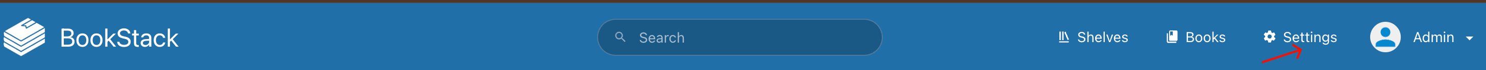 BookStack navigation bar — click Settings