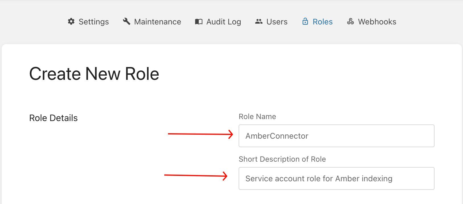 Create New Role form with AmberConnector name and description