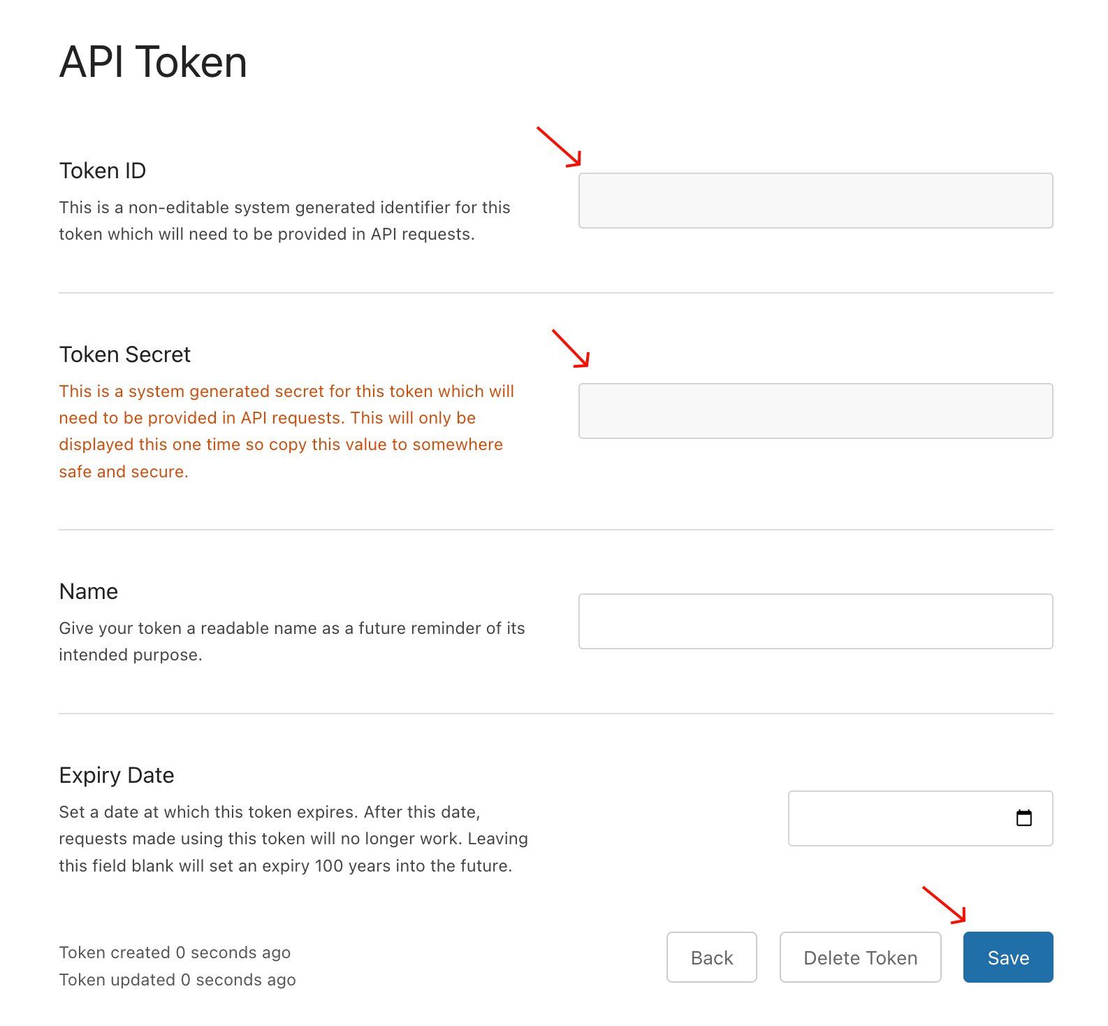 API Token page showing Token ID and Token Secret fields