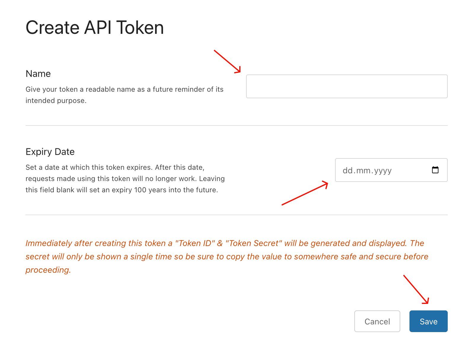 Create API Token form — enter Name and Expiry Date, then click Save