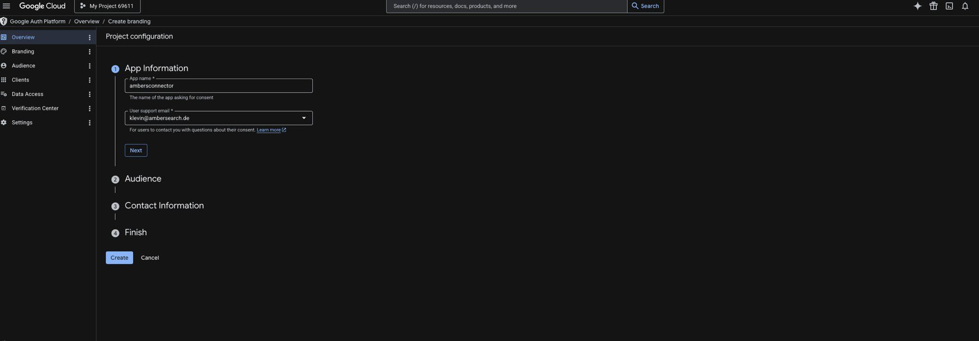 OAuth consent screen branding wizard in Google Cloud Console