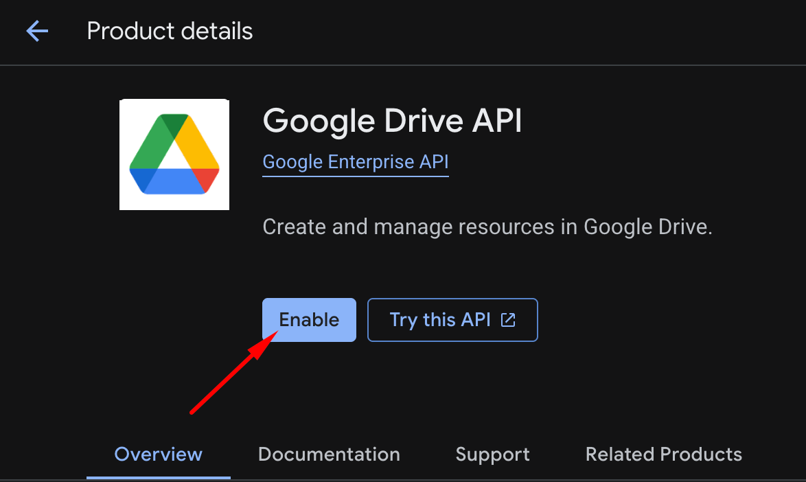Google Drive API enable page in the Google Cloud Console