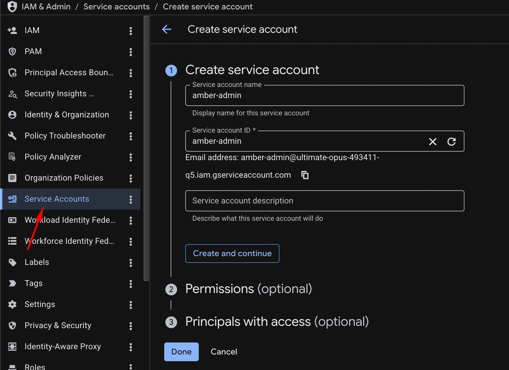 Create service account dialog in Google Cloud Console