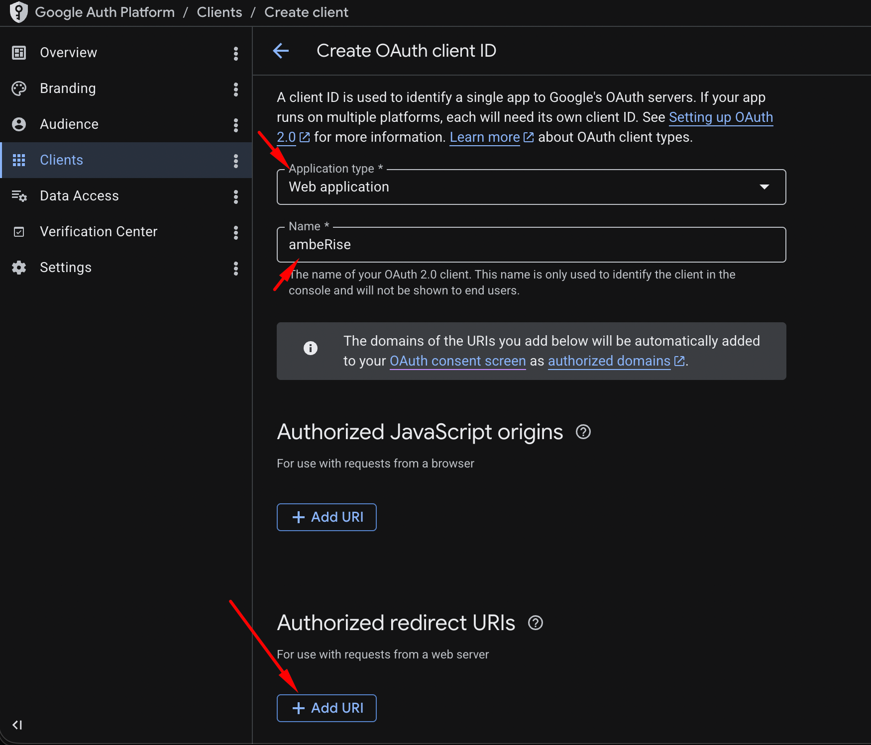 Create OAuth client ID form in Google Auth Platform