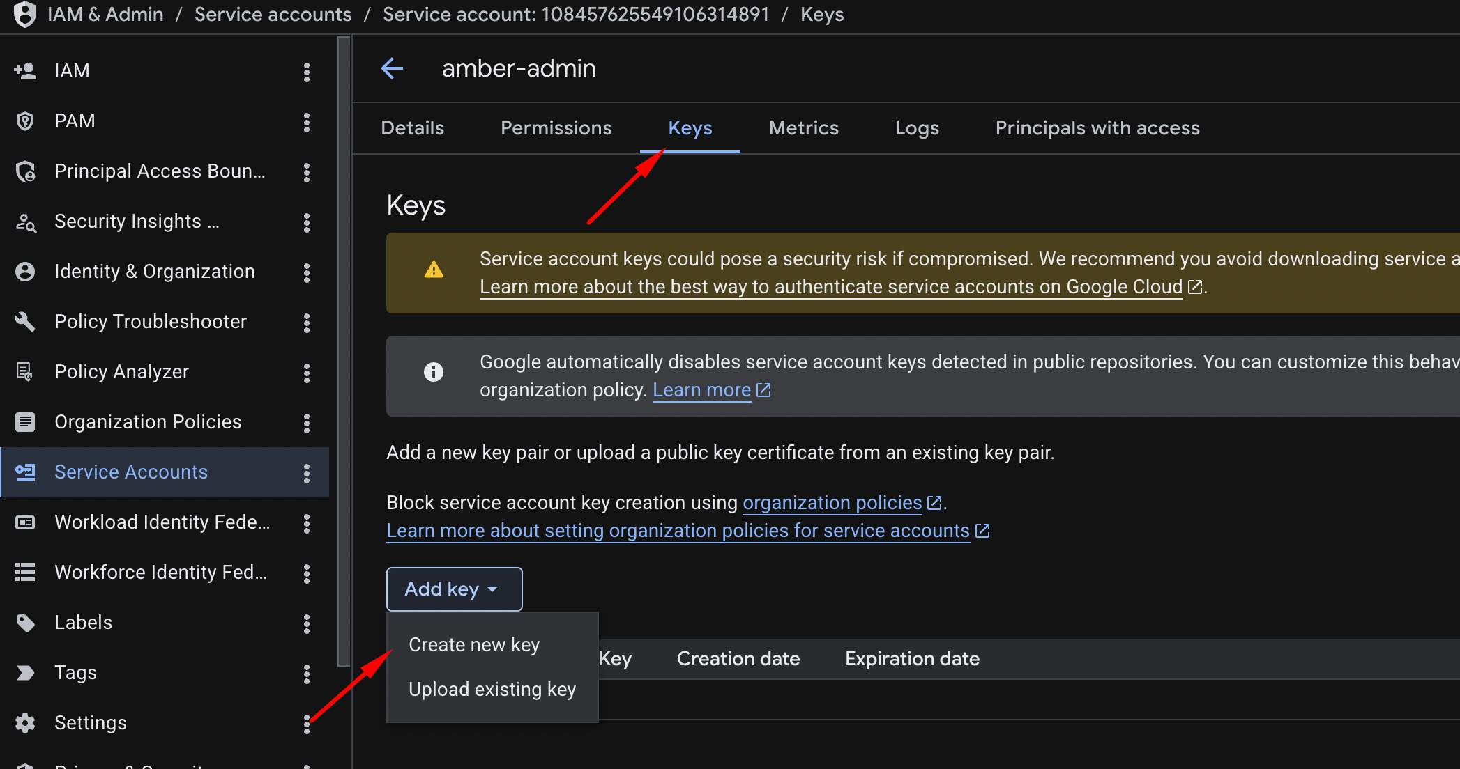 Create new key dialog with JSON option selected