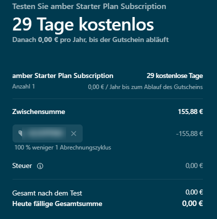 Bezahlfenster mit eingelöstem Code und 0,00 Euro Gesamtbetrag