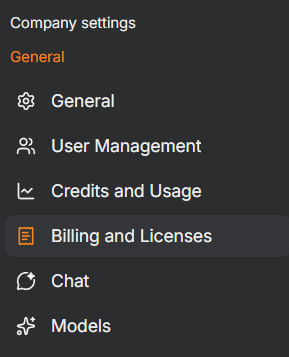 Company settings navigation with Billing and Licenses