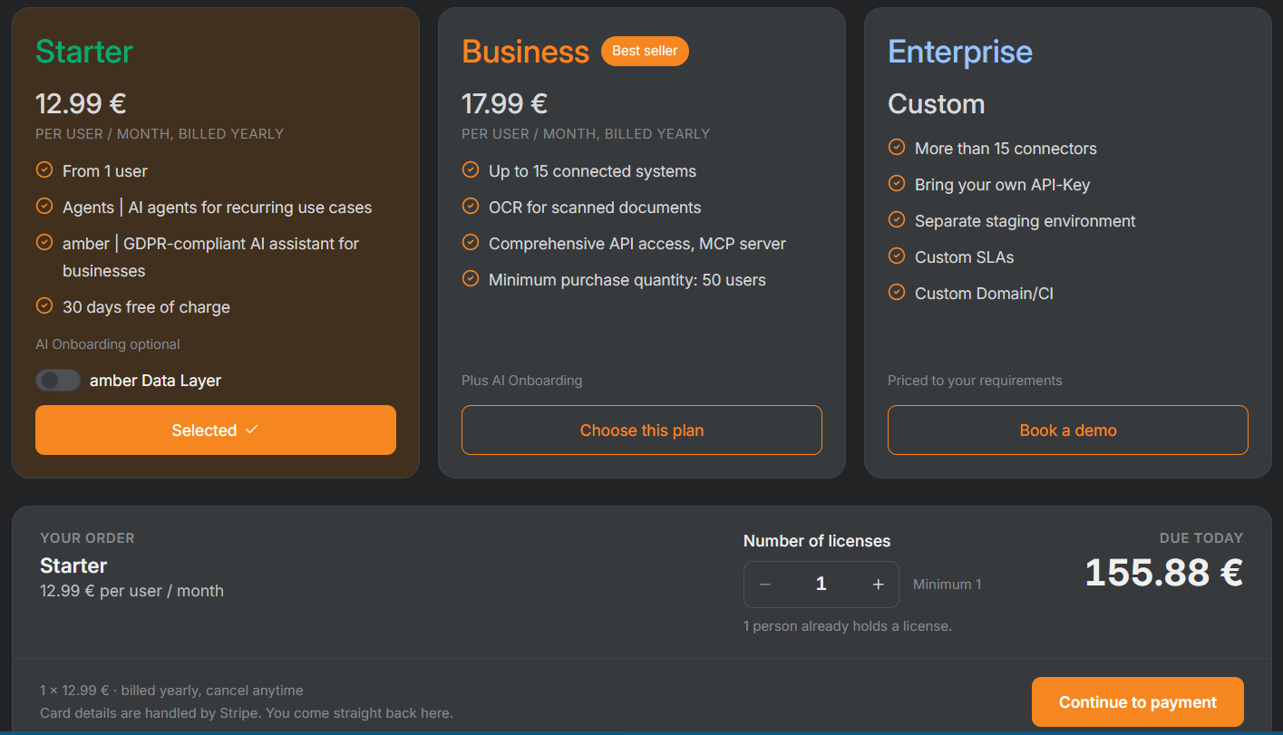 Plan overview with the Starter plan selected and one license